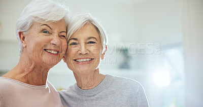 Buy stock photo Portrait, friends and senior women in home for bonding, affection and connection for social visit. Space, retirement and elderly people with love, care and happy for relationship, support and reunion
