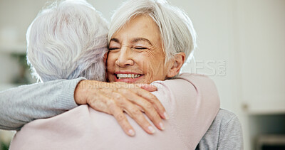 Buy stock photo Hug, friends and senior women in home for bonding, affection and connection for reunion. Happy, retirement and elderly people with embrace, love and care for relationship, support and compassion