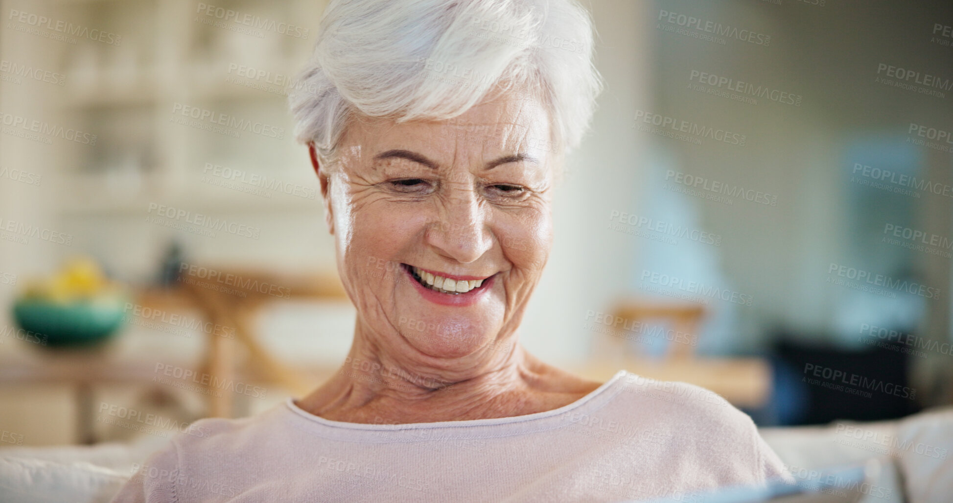 Buy stock photo Happy, thinking and senior woman in home with relax, positive attitude and planning pension. Smile, weekend and elderly person on sofa in living room for retirement memory, nostalgia or remember.