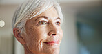 Smile, thinking and calm with old woman in home for reflection, memory and mindfulness. Retirement vision, perspective and space with senior person in living room in apartment for decision and peace
