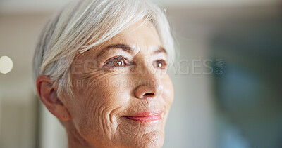 Buy stock photo Smile, thinking and calm with old woman in home for reflection, memory and mindfulness. Retirement vision, perspective and space with senior person in living room in apartment for decision and peace