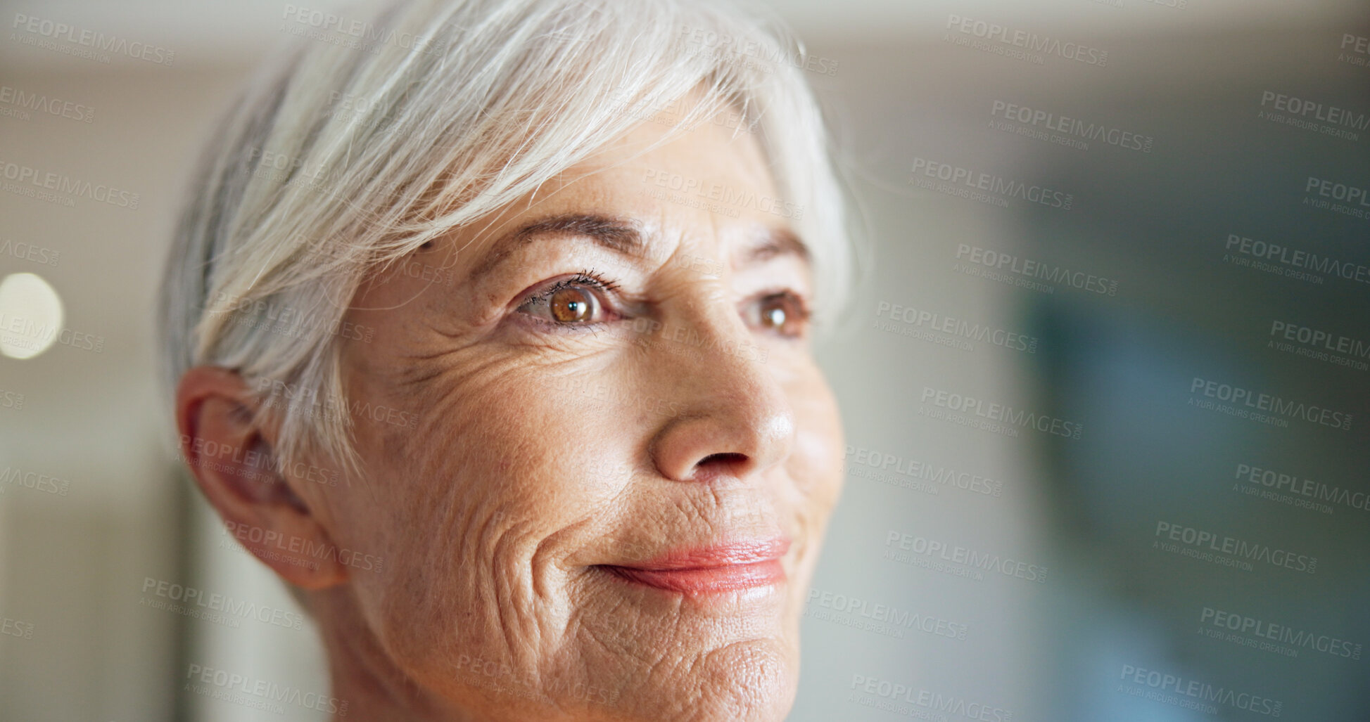 Buy stock photo Smile, thinking and calm with old woman in home for reflection, memory and mindfulness. Retirement vision, perspective and space with senior person in living room in apartment for decision and peace