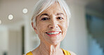 Happy, relax and portrait of elderly woman in home with positive attitude, calm or chilling on weekend. Smile, pension and senior person in retirement with morning break in living room at apartment.