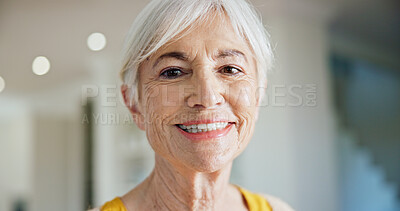 Buy stock photo Happy, relax and portrait of elderly woman in home with positive attitude, calm or chilling on weekend. Smile, pension and senior person in retirement with morning break in living room at apartment.