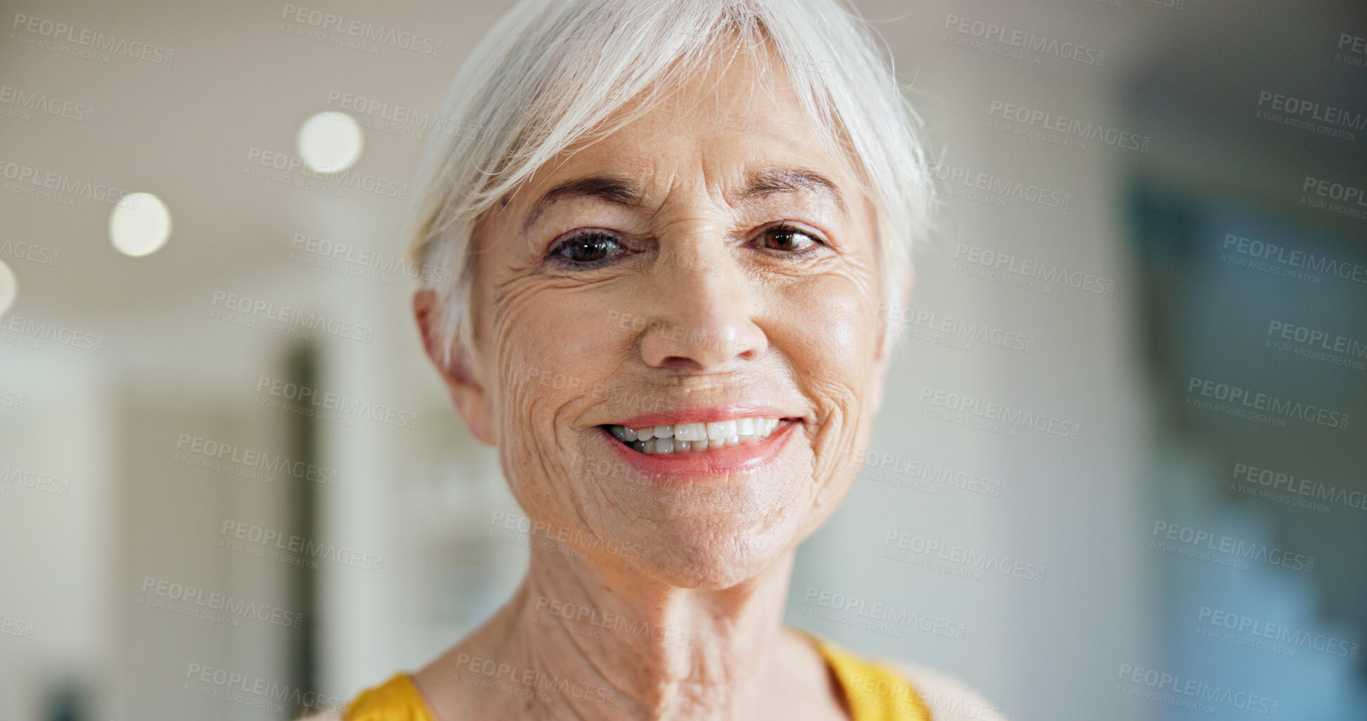 Buy stock photo Happy, relax and portrait of elderly woman in home with positive attitude, calm or chilling on weekend. Smile, pension and senior person in retirement with morning break in living room at apartment.