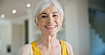 Smile, relax and portrait of elderly woman in home with positive attitude, calm or chilling on weekend. Happy, pension and senior person in retirement with morning break in living room at apartment.
