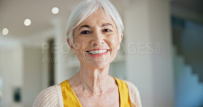 Buy stock photo Smile, relax and portrait of elderly woman in home with positive attitude, calm or chilling on weekend. Happy, pension and senior person in retirement with morning break in living room at apartment.