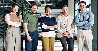 Buy stock photo Team, portrait and business people in office for finance agency, about us and collaboration. Happy, workplace and men with women for support, solidarity and confident for financial advisor service