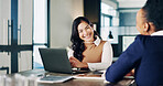 Laptop, discussion and business women in office for finance report with budget planning in collaboration. Computer, meeting and financial advisor with investor for investment proposal in workplace.