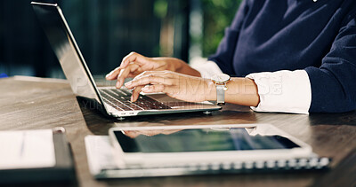 Buy stock photo Hands, typing and business woman on laptop for online report, financial review and proposal. Office, computer and person with tech, portfolio and research for finance advice, investment and planning
