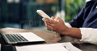 Buy stock photo Hands, office and business woman with phone for typing email, research and networking at desk. Online, startup and person with cellphone, paperwork and laptop for internet, planning and work schedule