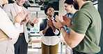 Team, laugh and applause for success in office, good news and celebration for financial development. Business, achievement and happy people with investment opportunity, clapping and collaboration