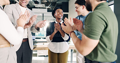 Buy stock photo Team, laugh and applause for success in office, good news and celebration for financial development. Business, achievement and happy people with investment opportunity, clapping and collaboration