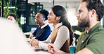 Presentation, meeting and business people in office for seminar on revenue growth with finance tips. Happy, discussion and financial advisors at conference for investment planning in workplace.