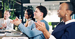 Team, celebration and applause for success in office, good news and happy for financial development. Business, achievement and people with smile for investment opportunity, clapping and collaboration