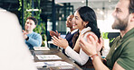 Happy, team and applause for success in meeting, good news and celebration for financial development. Business, achievement and people with smile for investment opportunity, clapping or collaboration