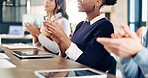 Team, hands and applause for success in meeting, good news and celebration for financial development. Business, achievement and happy people with investment opportunity, clapping and collaboration