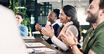 Team, laughing and applause for success in boardroom, good news and celebration for financial growth. Business, achievement and happy people with investment opportunity, clapping and collaboration