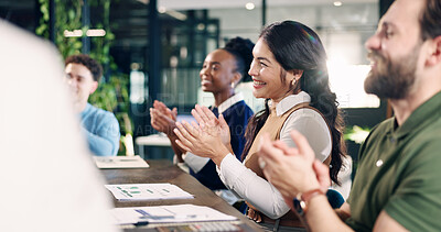 Buy stock photo Team, laughing and applause for success in boardroom, good news and celebration for financial growth. Business, achievement and happy people with investment opportunity, clapping and collaboration