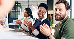 Team, laugh and applause for discussion in boardroom, good news and celebration for financial growth. Business, achievement and happy people with investment opportunity, clapping and collaboration