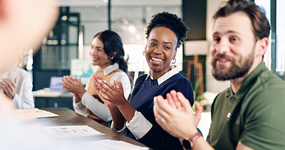 Buy stock photo Team, laugh and applause for discussion in boardroom, good news and celebration for financial growth. Business, achievement and happy people with investment opportunity, clapping and collaboration