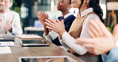 Buy stock photo Team, hands and applause for success in office, good news and celebration for financial development. Business, achievement and happy people with investment opportunity, clapping and collaboration