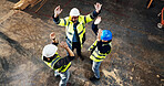 Above, men and construction workers with celebration on site for building, repairs or renovation. Cheering, teamwork and civil engineers with collaboration on maintenance or property development.