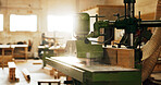 Carpentry, factory and closeup of woodworking machine, furniture production or power tool for design. Creative, manufacturing and equipment to shape timber, construction and remodeling in workshop
