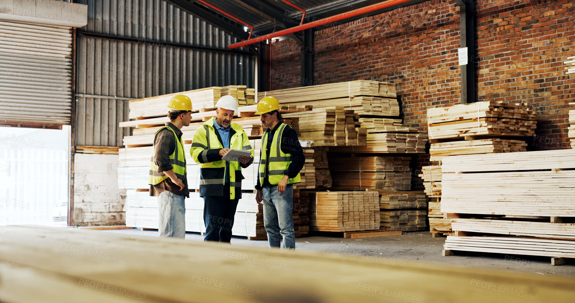 Buy stock photo Carpenter, research and men with tablet in workshop, teamwork and planning for furniture production. Woodworking, collaboration and people with technology, discussion and manufacturing project on web