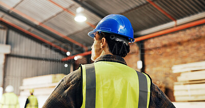 Buy stock photo Woodworking, inspection and man with helmet in workshop, thinking and plan for furniture production. Carpenter, quality assurance and person with hard hat, back and manufacturing project in factory