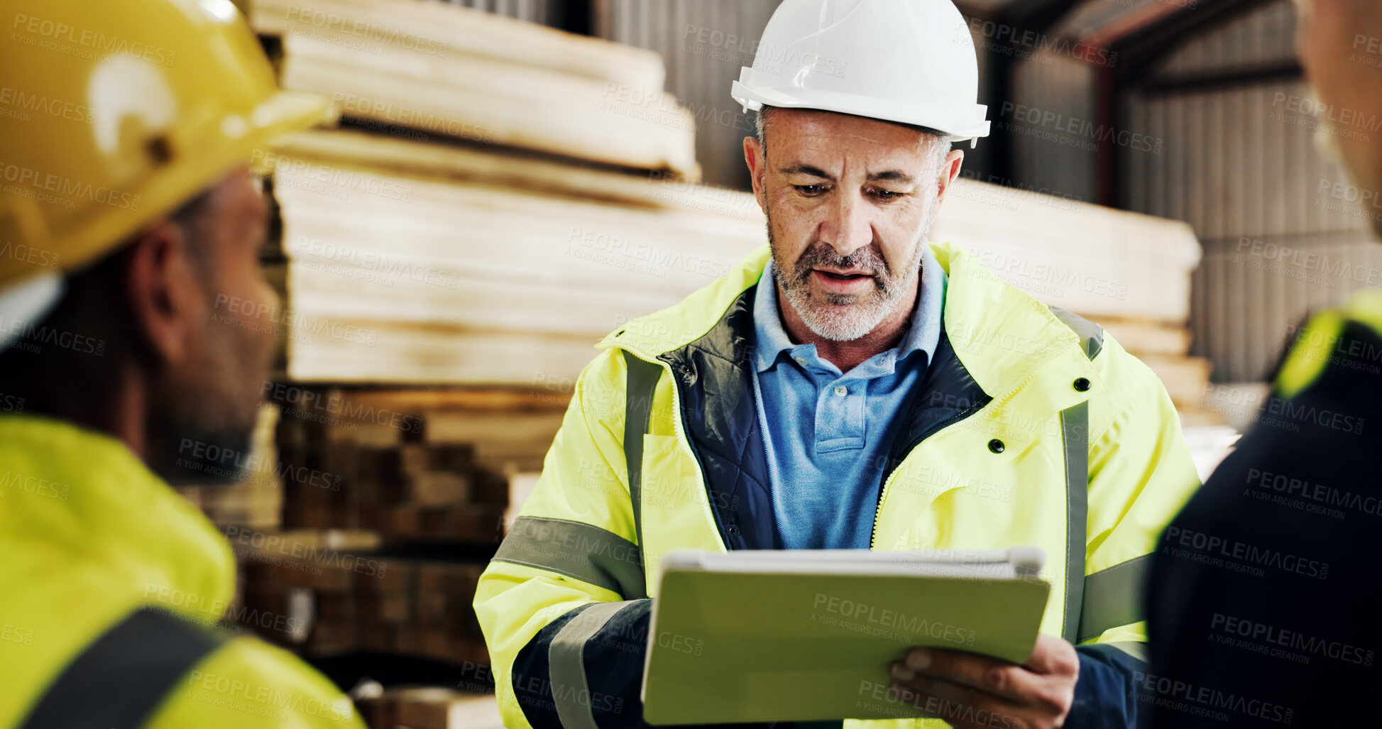 Buy stock photo Carpenter, teamwork and man with tablet in workshop, discussion or planning for furniture production. Woodworking, collaboration and mature person with technology, talking and manufacturing project