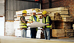 Carpenter, team and men with blueprint in workshop, discussion and planning for furniture production. Woodworking, project management and people with document, manufacturing and design in warehouse