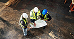 Top view, engineer and planning with blueprint at construction site, building development or layout. Architect team, people and discussion with document for infrastructure design, review and above