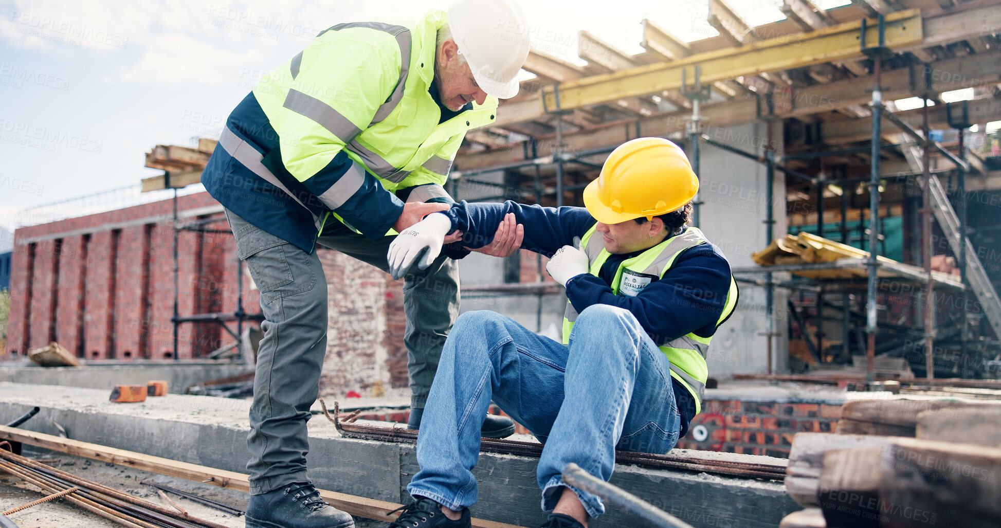 Buy stock photo Construction, men and help with arm injury for scaffolding accident, building hazard or fracture. Site first aid, workers and assistance for muscle sprain, elbow dislocation or safety compliance fail