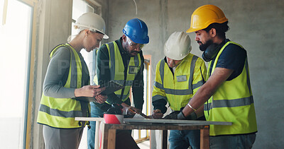 Buy stock photo Talking, construction and people in building with paperwork for planning, teamwork or project update. Architecture, contractor and workers in meeting for development, renovation or engineering design