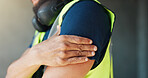 Construction, strain or hands on site with shoulder pain, arm issue or injury in building project. Accident, man or engineer with discomfort, hurt muscle or arthritis in infrastructure development.