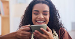Smile, coffee and relax with woman in home for peace, positive attitude and weekend break. Happiness, calm and drink with person and cup in living room in apartment for satisfaction and beverage