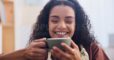 Buy stock photo Smile, coffee and relax with woman in home for peace, positive attitude and weekend break. Happiness, calm and drink with person and cup in living room in apartment for satisfaction and beverage