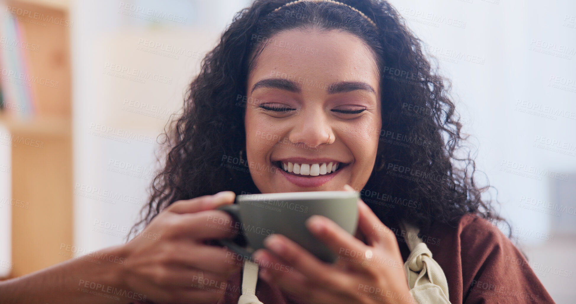 Buy stock photo Smile, coffee and relax with woman in home for peace, positive attitude and weekend break. Happiness, calm and drink with person and cup in living room in apartment for satisfaction and beverage