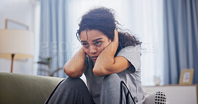 Buy stock photo Woman, frustrated and stress on sofa in home with schizophrenia, mental health and burnout. Psychology, person with depression and headache with anxiety, trauma and fear on couch in living room