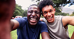 Fitness, portrait and men at park, selfie or profile picture on social media after physical activity. Outdoor, friends and happy people on workout break, photography and memory on website in nature
