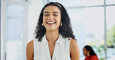 Buy stock photo Laugh, professional and portrait of businesswoman in office with confidence for legal career. Corporate business, happy and attorney with pride for law case, about us or job opportunity in workplace.