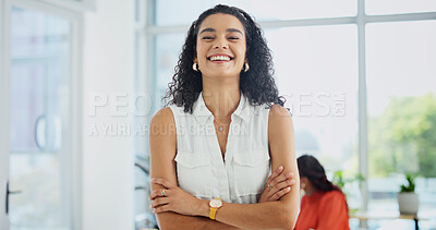 Buy stock photo Professional, crossed arms and portrait of businesswoman in office with confidence for legal career. Corporate, happy and attorney with pride for law case, about us or job opportunity in workplace.