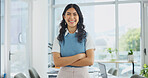 Happy, crossed arms and portrait of businesswoman in office with confidence for finance career. Professional, smile and financial advisor with pride for about us or job opportunity in workplace.