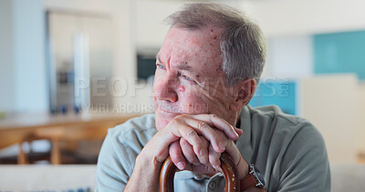 Buy stock photo Old man, sad and thinking with cane in retirement facility, mental health and serious nostalgia. Person with depression, pensioner and walking stick with past perspective, memory or remember history