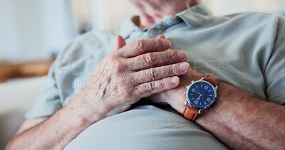 Buy stock photo Hands, chest pain and old person with heart health, emergency or cardiac arrest in retirement. Pensioner, heartburn or pressure with risk in cardiovascular wellness, chronic and discomfort in home