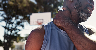 Buy stock photo Basketball, sports and man outdoor with neck pain, injury and strain for training mistake. Athlete, court and African person with tension, muscle fatigue and hurt for exercise, fitness and match