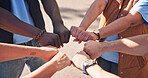 Nature, circle and people with fist bump for support, solidarity and trust in non profit organization. Bonding, partnership and group of volunteers with hands together for connection in ngo at park