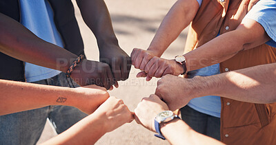 Buy stock photo Nature, circle and people with fist bump for support, solidarity and trust in non profit organization. Bonding, partnership and group of volunteers with hands together for connection in ngo at park