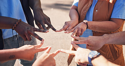Buy stock photo Nature, group and people with star hands for support, solidarity and trust in non profit organization. Bonding, teamwork and circle of volunteers with fingers together for connection in ngo at park.
